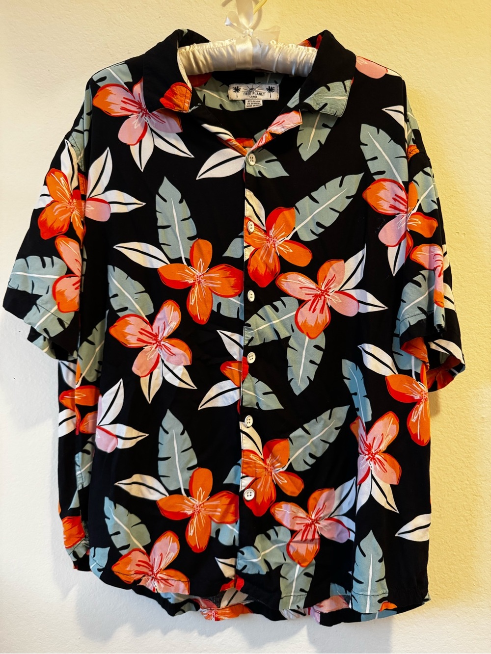 Free Planet Collar Shirt with Orange & Pink Floral Hawaiian Print